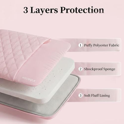 Puffy Laptop Sleeve 13.3 inch,13-14 inch Laptop Handbags for Women | Compatible with MacBook Air 13 13.6/Pro/Neo 13/Pro 14,HP Dell ASUS Lenovo,Square Quilted Bag with 2 Pockets&Handle&Belt, Pink