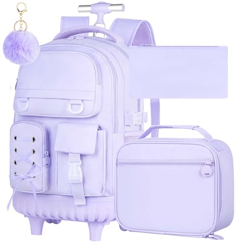 KLFVB Girls Rolling Backpack, 3PCS Wheeled Bookbag with Lunch Bag for Kids, Roller School Bag for Teen - Purple Ribbon Bow - color: Purple Ribbon Bow Rolling Backpack