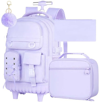 KLFVB Girls Rolling Backpack, 3PCS Wheeled Bookbag with Lunch Bag for Kids, Roller School Bag for Teen - Purple Ribbon Bow - color: Purple Ribbon Bow Rolling Backpack
