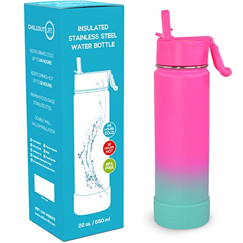 CHILLOUT LIFE 22oz Insulated Stainless Steel Water Bottle with Leak Proof Straw Lid & 144 Stickers - color: Frozen Slushy, style: 22 oz