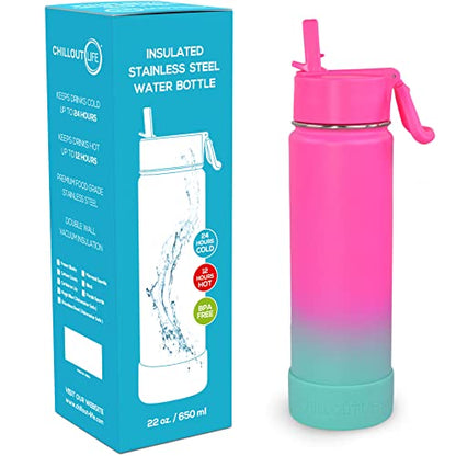 CHILLOUT LIFE 22oz Insulated Stainless Steel Water Bottle with Leak Proof Straw Lid & 144 Stickers - color: Frozen Slushy, style: 22 oz