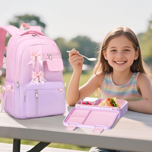 Bevalsa Backpack for Girls, Bow Kids Backpack with Bento Lunch Box, Insulated Bag & Utensils, 34oz Lunch Containers, Cute School Bookbag for Children Teens for Elementary Middle Student (Pink Purple) - color: Pink Purple