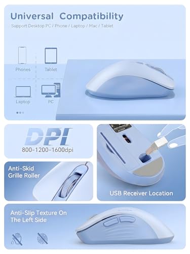 RAPIQUE Bluetooth Wireless Mouse, Dual Bluetooth & 2.4G USB Receiver, Quiet Clicks, Right-Hand Ergonomic 6 Button Mouse, Adjustable DPI, AA Battery, for Laptop, PC, Mac, Tablet - Light Blue - color: Light Blue