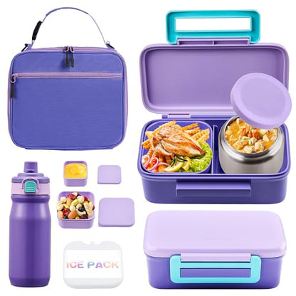 JXXM Bento Lunch Box for Kids With 8oz Thermo, Leakproof Bento Box with with 2 Compartments, Insulated Bottle, Lunch Bag, BPA Free Dishwasher Safe for School Girls Boys (Purple) - color: Purple 01