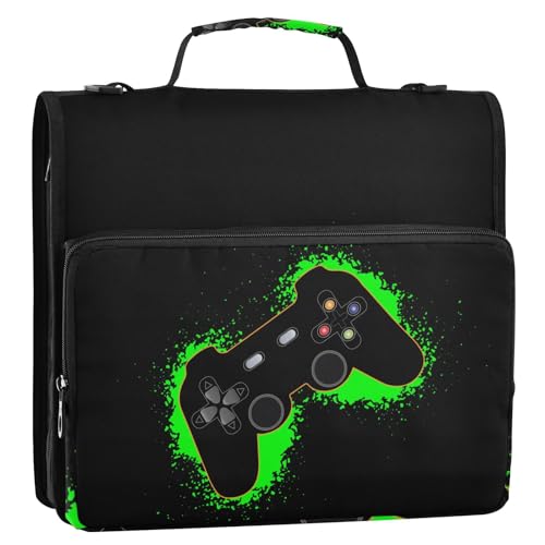 Green and Black Video Game Zipper Binder Bag 3 Ring with Handle Shoulder Strap, Binder File Organizer Bag Storage Case for School Work Office