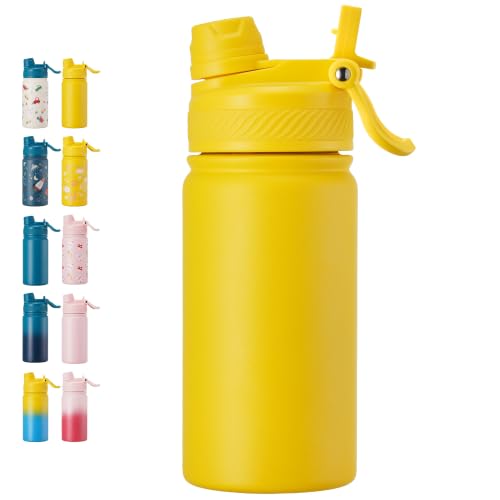 Fijinhom 12 oz Kids Water Bottle, 2-in-1 Stainless Steel Vacuum Insulated Water Bottle for Toddler, Leak Proof Spout & Straw, Double Wall Thermal Flask for Boys&Girls, School, Outdoor, Travel (Yellow) - color: Yellow, size: 12 Ounces