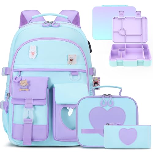 ACESAK Girls Backpack - Bento Box with Insulated Lunch Bag Pencil Case & Utensils Set for Kids, 6 Leakproof Compartments Removable Tray Lunches or Snack Container for School (Blue Purple) - color: Blue Purple