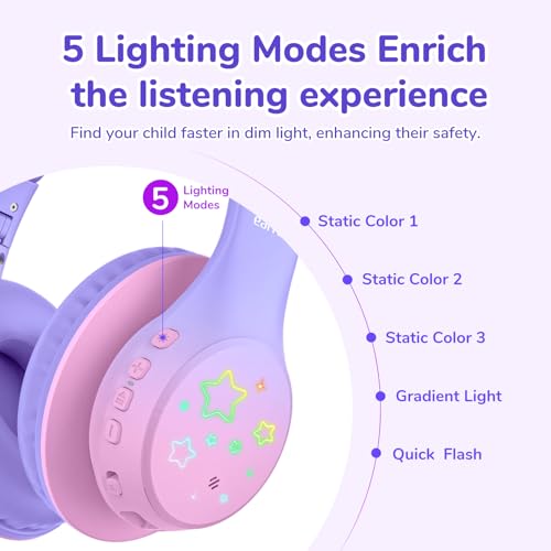 EarFun K4 Kids Bluetooth Headphones, Wireless Headphones with LED Lights | 74/85/94dBA Volume Limited, Built-in Mic, 90H Playtime, Bluetooth 5.4 Over Ear Headphone for iPad/Tablet/School, Violet - color: Gradient Violet