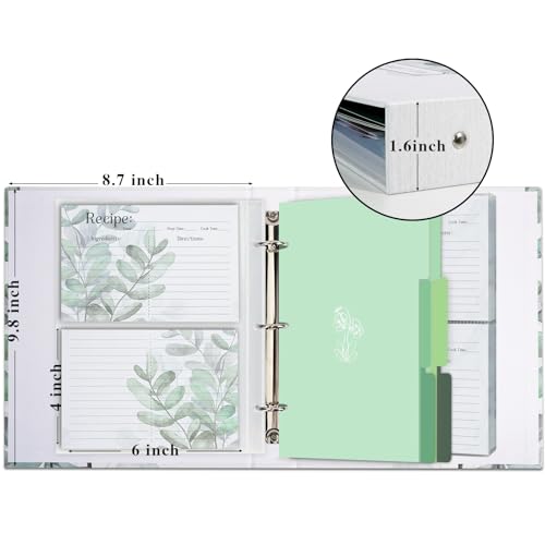 3 Ring Binder, 8.5x9.5, Full Page Binder Set with 25 Pages, 50 Recipe Cards & 6 Dividers - color: Leaves, size: Medium