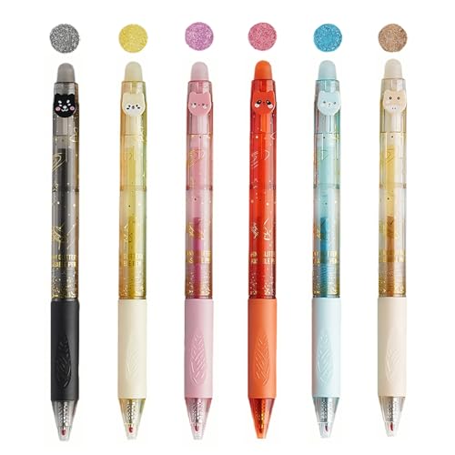 6 Colors Glitter Erasable Gel Pens, 0.5mm Fine Point Multicolor, Make Mistakes Disappear，Retractable Pens for Journaling, Drawing, Note Taking（6 Colors-1） - color: 6 Colors-1