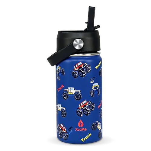 14oz Truck Kids Water Bottle With Straw Lid,Stainless Steel Travel Bottle,Double Wall Leak Proof & BPA-FreeKids Cup,Insulated Tumbler for Toddlers,Metal Bottle for School Boys Girls - color: Blue Truck, size: 14 Ounces
