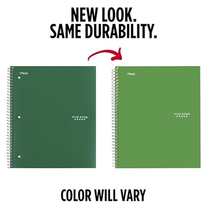 Five Star Spiral Notebook + Study App, 3 Subject, College Ruled Paper, Fights Ink Bleed, Water Resistant Cover, 8-1/2" x 11", 150 Sheets, Green (72067) - color: Green, size: 1 Count (Pack of 1)