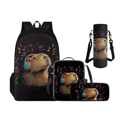 Cool Capybara Backpack for Boys Back to School, Cute Backpacks for 2nd Grade Girls Kids Lunch Box Pencil Case and Water Bottle Holder 4 PCS Set Bookbag Accessories Sets for Daily School - color: Headphone Capybara