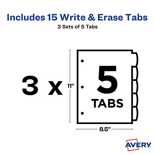Avery Big Tab Write & Erase Durable Plastic Dividers, 5-Tab Set, Multicolor Brights, 3 Sets (21212) - size: 5 tab, style: 3 Sets
