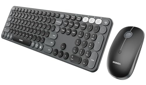 seenda Wireless Bluetooth Keyboard Mouse Combo, COE202 Retro Cute Round Keyboard, Silent Mouse, 3 Multi-Device Connection, Full Size Compatible for PC/Laptop/Mac/MacBook/iPad/Tablet, Black - color: Black