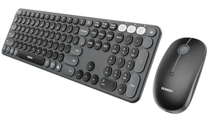 seenda Wireless Bluetooth Keyboard Mouse Combo, COE202 Retro Cute Round Keyboard, Silent Mouse, 3 Multi-Device Connection, Full Size Compatible for PC/Laptop/Mac/MacBook/iPad/Tablet, Black - color: Black