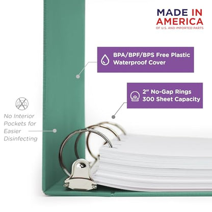Carstens 2-Inch Heavy Duty 3-Ring Binder - Side Opening, Mint, Durable Plastic, Precision No-Gap Rings, Waterproof Covers, No Pockets, Holds 300 Letter-Sized Sheets, BPA-Free, Made in USA (2827-3R) - color: Seafoam Green, size: Individual