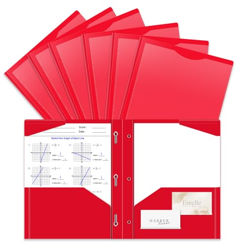 6 Pack Heavy Duty Plastic Pocket Folder with Prongs and Clear Front Pocket, 3 Pockets Folders with 3 Prongs and 2 Card Slot, Red File Folders Fit Letter Size Paper for Office School Home Business - color: Red