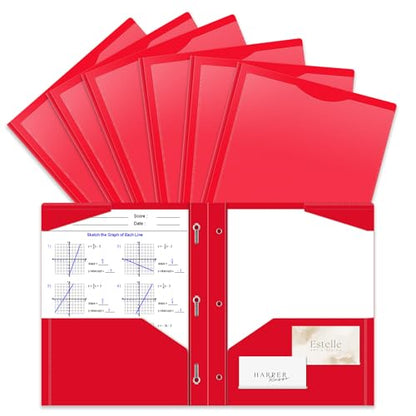 Briartw Heavy Duty Plastic Pocket Folder with Prongs for Letter Size Paper - 6 Pack Red File Folder with Clear Front Pocket - 2 Pockets and 3 Prongs,As Well As 2 Card Slots - Pocket Folders - color: Red