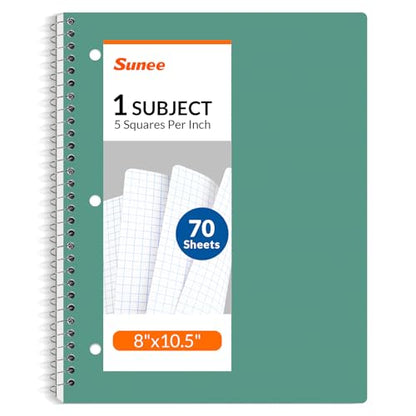 SUNEE Spiral Notebook, 1-Subject, Graph Ruled Paper, 8" x 10-1/2", 70 Sheets, 5 Squares per inch Spiral Grid Notebooks for Work, Home, School, Writing, Green - color: Green