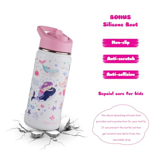 16 oz Stainless Steel Insulated Kids Water Bottle, Leak Proof Metal Thermal Flask with Straw lid, Cute Toddler Tumbler Cup for School Girls & Boys (White, Mermaid) - color: White, Mermaid