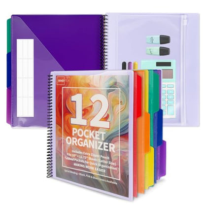 Binditek 12-Pocket Poly Project Organizer, 6 Dividers, Blue | Multi Pocket Folder, Heavyweight Poly Cover, Clear Front Pocket, 1/3-Cut Tabs, Fixed Zipper Pouch, Letter Size - color: Blue