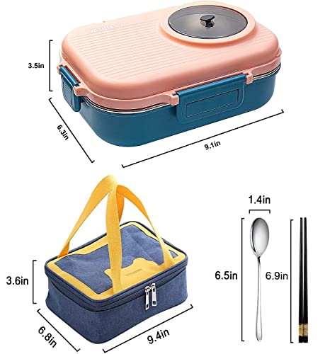 3 Compartments Bento Lunch box with Soup Bowl, Insulated Lunch Bag and Portable Utensils, Stainless Steel Camera Lunch Containers，Leak Proof Bento Box for Adults Men Women（14 years old+） - color: 900ml-Pink
