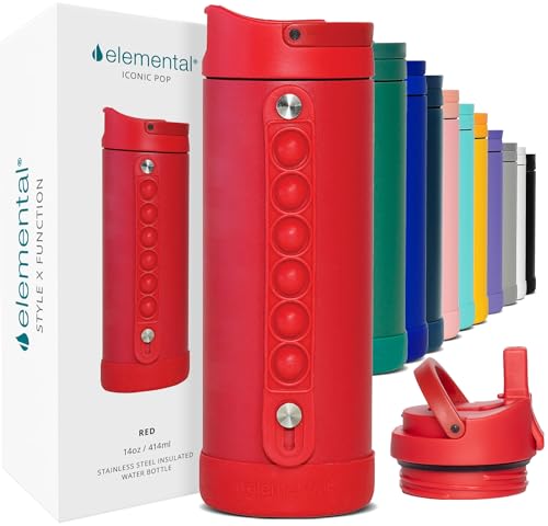 Elemental Iconic Kids Water Bottle for School - 100% Leak-Proof Insulated Water Bottles with Straw Lid & Pop-It Handle for Boys & Girls - Triple-Wall Insulated & BPA-Free, 14oz – Red - color: Red, size: 14 Ounces