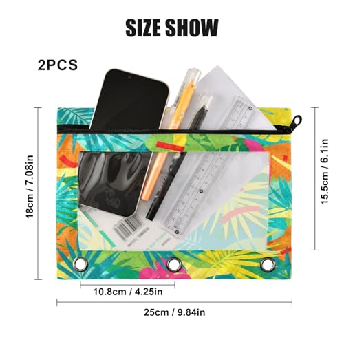 Blueangle Tropical Leaves Pencil Pouch for 3 Ring Binder, 2 Pack Clear Window Zipper Pencil Bags for Office