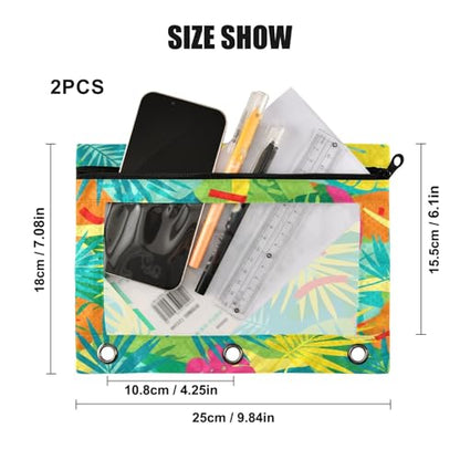 Blueangle Tropical Leaves Pencil Pouch for 3 Ring Binder, 2 Pack Clear Window Zipper Pencil Bags for Office