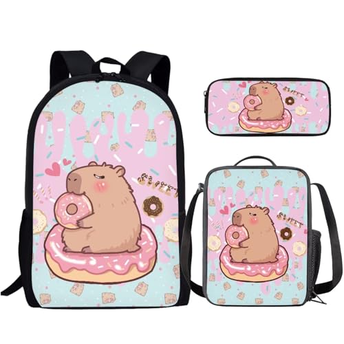 Capybara Kids Backpack Set Girls 3 PCS Kids Backpack with Lunch Bag Pen Bag Set Large Capacity Bookbag Casual Daypack Elementary School Boys and Girls - color: Capybara