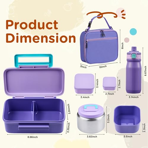MAISON HUIS Bento Box for Kids with 8oz Soup Thermo, Insulated Lunch Bag & 17oz Water Bottle, 2-Compartment Bento Box with Built-In Ice Pack, Leak-Proof & BPA-Free (Purple) - color: Purple