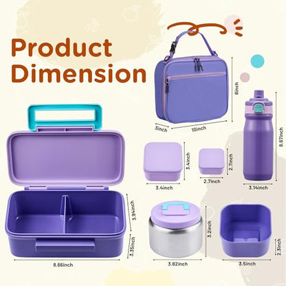 MAISON HUIS Bento Box for Kids with 8oz Soup Thermo, Insulated Lunch Bag & 17oz Water Bottle, 2-Compartment Bento Box with Built-In Ice Pack, Leak-Proof & BPA-Free (Purple) - color: Purple