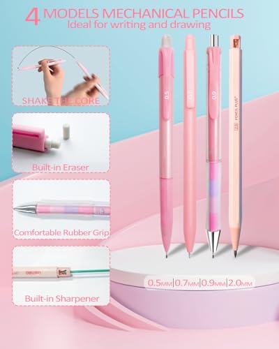 JIZHIYUAN Mechanical Pencil Set with Pink Pencil Case,12X Pastel Mechanical Pencil 0.5mm-2.0mm with 564X HB+36X Color Leads for Writing, Drafting, Drawing, Sketching Ideal College Study Essentials - color: Pink