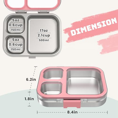 LOHASOK Kids Stainless Steel Lunch Bento Box BPA-Free Leak-Proof Tritan Lid 304 Metal Food Container with 3 Compartments for Girls Boys School,Pink - color: Pink, size: 27oz/800ml