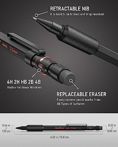 Nicpro 0.5 mm Mechanical Pencil Set with Case, 3PCS MP2000 Metal Artist Mechanical Pencil With 6 Tube HB Lead Refills, Eraser, Weatherproof Barrel for Outdoor Writing Drafting Drawing Sketching - size: 0.5mm