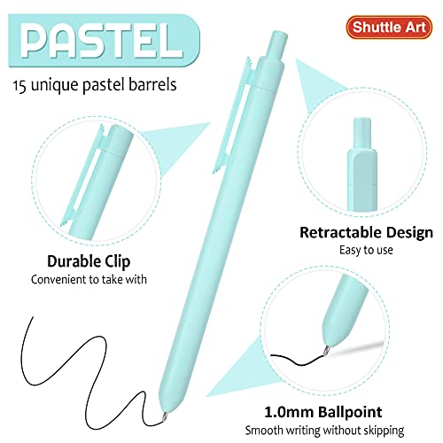 Shuttle Art Ballpoint Pens, 15 Pack Pastel Retractable Black Ink Ball Point Pens, Cute Pens 1.0mm Medium Point Quick Drying for Writing Journaling Taking Notes School Office Home - color: Pastel Barrel--15 Black Ink