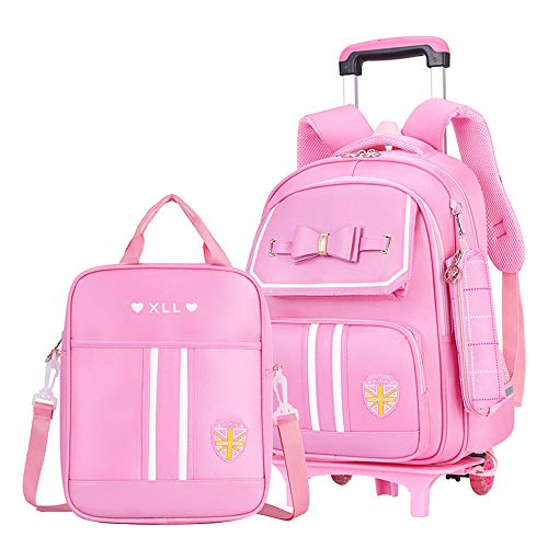 Rolling Backpack for Girls Cute Trolley Bags Primary School Bookbags with Wheels Kids Carry-On Wheeled Backpack with Lunch Bag - color: 3pcs Pink 2 Wheels, style: 2 Wheels Trolley + Backpack Sets