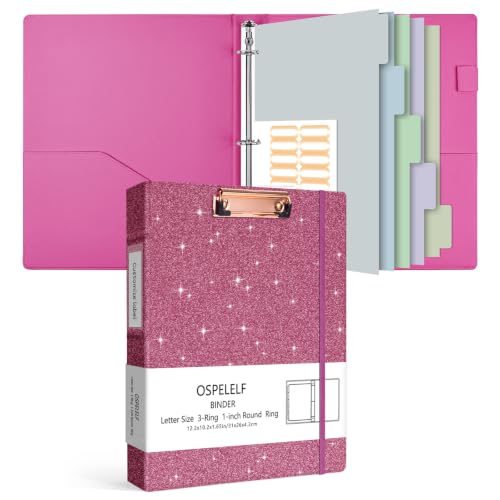 Ospelelf Leather 3 Ring Binder with Clipboard, 1 Inch Round Ring Vintage Hardcover Binder with Dividers and Tabs, Professional Binder Organizer for Office, School, Glitter Light Pink - color: Glitter Light Pink, size: Letter Size - 1 Inch