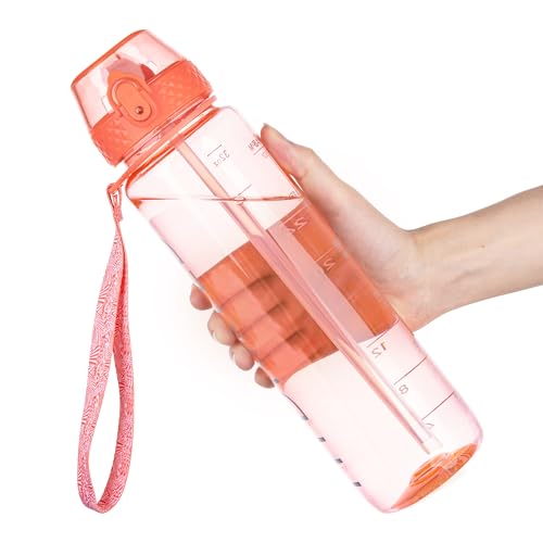GOPPUS Water Bottle Clear Water Bottles 32oz Motivational with Time Marker Tritan BPA Free Sports Water Bottles Wide Mouth for Gym Travel Home School Office - color: Peach Red