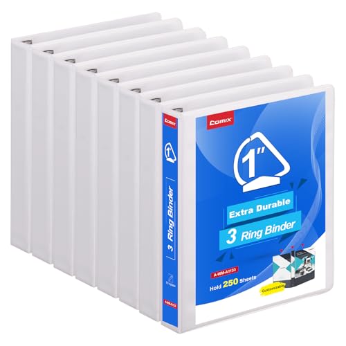 COMIX Heavy Duty Slant-D Ring View Binder, 1 inch 3 Ring Binders, Hold 225 Sheets of 8.5" x 11" Paper, 8 Pack (White) - color: White, size: 1 inch, style: 8 Pack