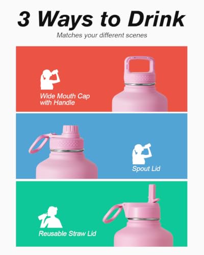 Water Bottle Insulated 64 oz with Straw & 3 Lids, Coolflask Half Gallon Water Jug Large Metal Stainless Steel Wide Mouth, Non-BPA Keep Cold 48H Hot 24H, Bubblegum Princess - color: Bubblegum Princess, size: 64 Ounces