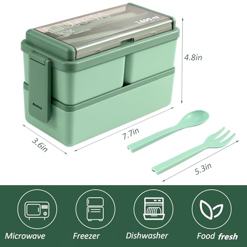 CHZZMS 2 Pack Bento Box Adult Lunch Box,49OZ Leakproof Eco-Friendly Stackable Bento Lunch Box Meal Prep for Dining Out, Work, Picnic, School (green+pink) - color: green+pink