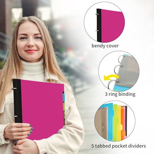 2 Pcs Pivotable Refillable Notebook, 3 Ring Binder Notebooks 1 Inch, Notebook with Dividers and Pockets, Folder Notebook, Flexible Binder, Soft Binders 3 Ring, Foldable Binder- Pink - color: 2 Pcs Pink