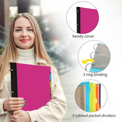 2 Pcs Pivotable Refillable Notebook, 3 Ring Binder Notebooks 1 Inch, Notebook with Dividers and Pockets, Folder Notebook, Flexible Binder, Soft Binders 3 Ring, Foldable Binder- Pink - color: 2 Pcs Pink