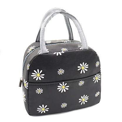 Sonuimy Insulated Lunch Bag Women, Reusable Cute Tote Lunch Box for Adult & Men, Leakproof Cooler Lunch Bags for Work Office Travel Picnic (Black with White Daisy) - color: Black with White Daisy