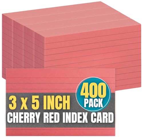 1InTheOffice Index Cards 3x5, Colored Index Cards, Lined, Cherry Red, 400 Pack