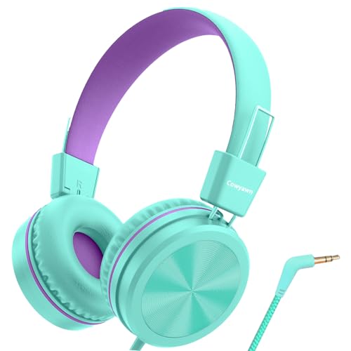 Cowyawn Kids Headphones, Toddler Headphone with Safe Volume Limiter 94dB, Wired School Headphones for Kid, 3.5mm Adjustable On-Ear Headphone for Boys/Girls/Children/Teens/iPad/Computer, Purple Green - color: Purple Green