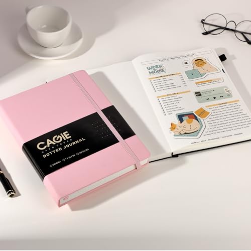 CAGIE Bullet Dotted Journal Notebook 320 Pages 100 GSM Paper Hardcover B5 Dot Grid Notebook Leather Journals for Writing Women Men Work Journaling, Pink - color: Pink, style: Dotted B5