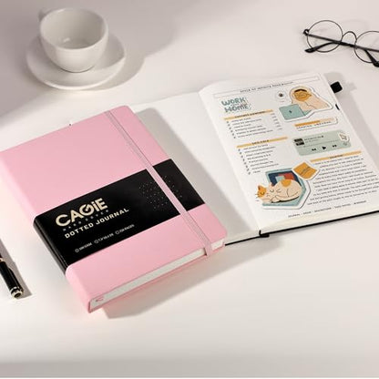 CAGIE Bullet Dotted Journal Notebook 320 Pages 100 GSM Paper Hardcover B5 Dot Grid Notebook Leather Journals for Writing Women Men Work Journaling, Pink - color: Pink, style: Dotted B5